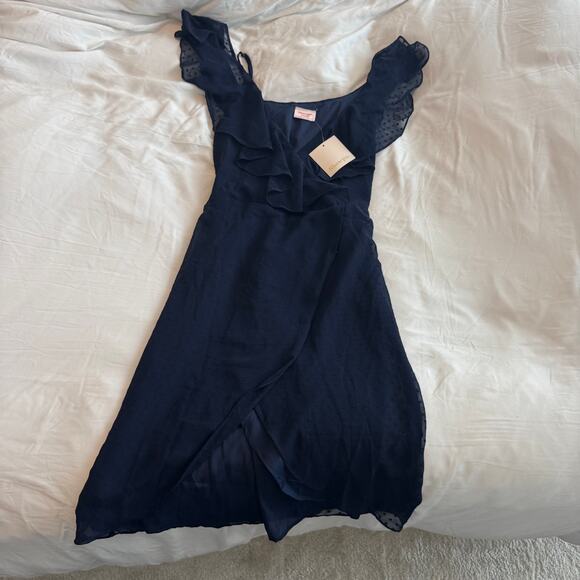 NWT Showpo About You Midi Dress Navy Blue Ruffle Faux Wrap Women’s Size S / 4 - Picture 1 of 5